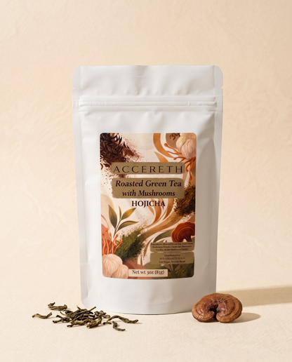 ACCERETH Mushroom Hojicha pouch — roasted green tea with functional mushrooms