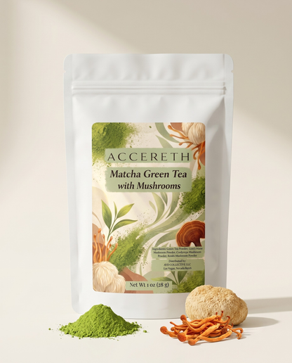 ACCERETH Mushroom Matcha pouch — ceremonial matcha green tea with functional mushrooms